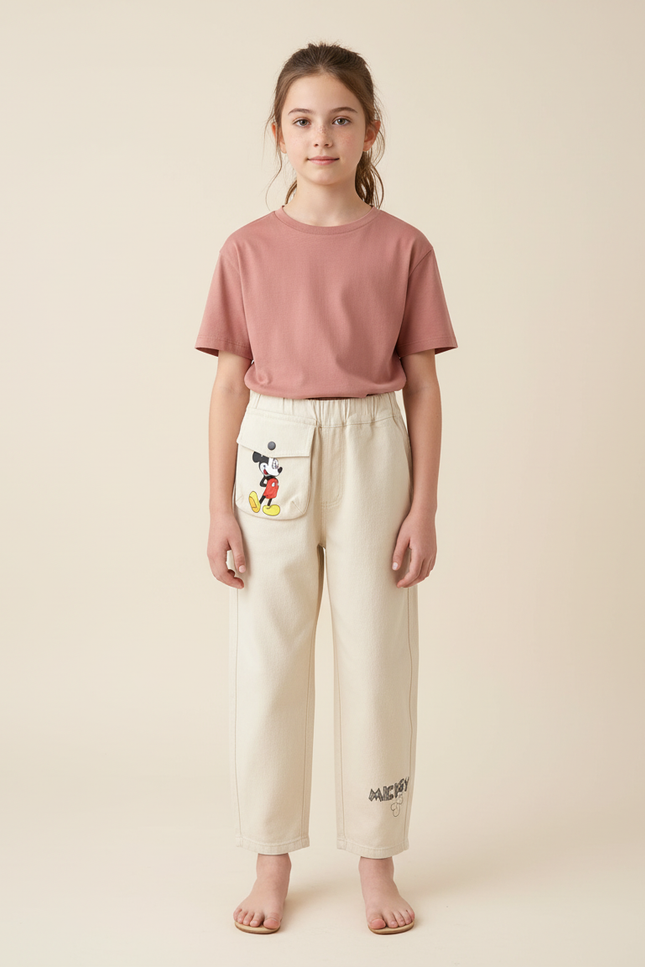 Pantalon Blanc Canvas Ample Mickey Décontracté Enfant - Beige Toile
