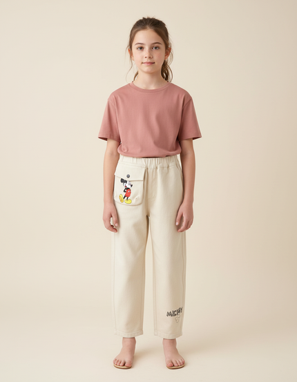 Pantalon Blanc Canvas Ample Mickey Décontracté Enfant - Beige Toile