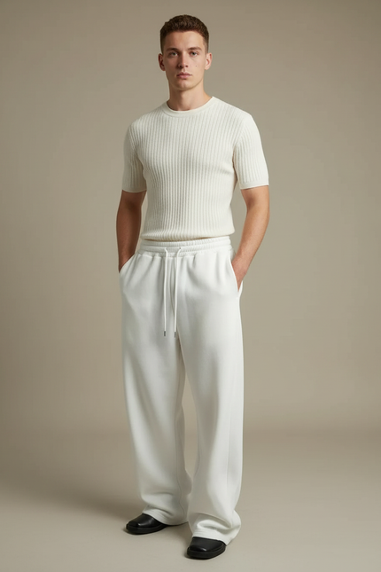 Pantalon Blanc Décontracté Large Cordon Homme Sport - Molleton