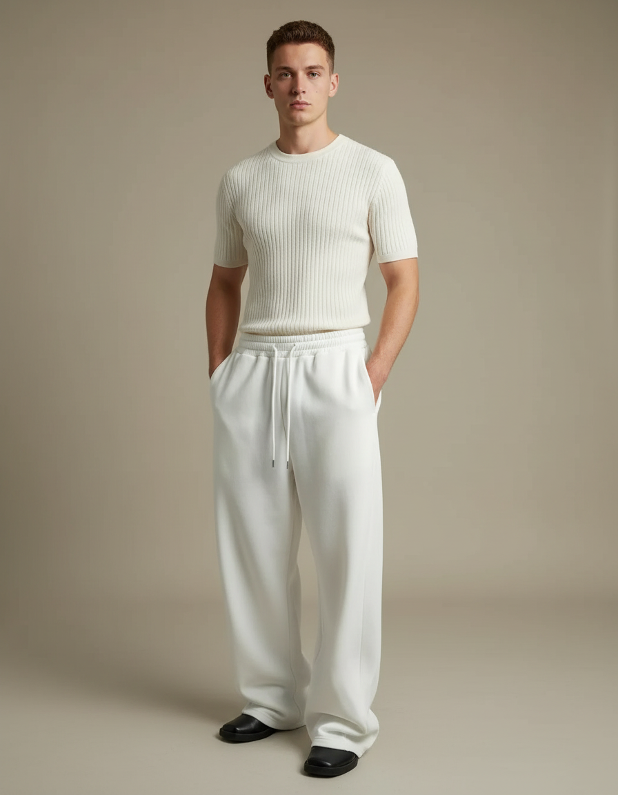 Pantalon Blanc Décontracté Large Cordon Homme Sport - Molleton