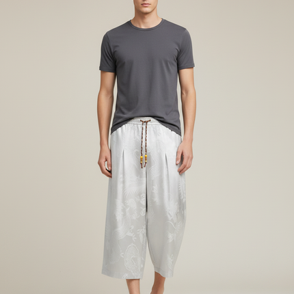 Pantalon Blanc Fluide Plissé Imprimé Dragon Homme Décontracté - Gris Satin
