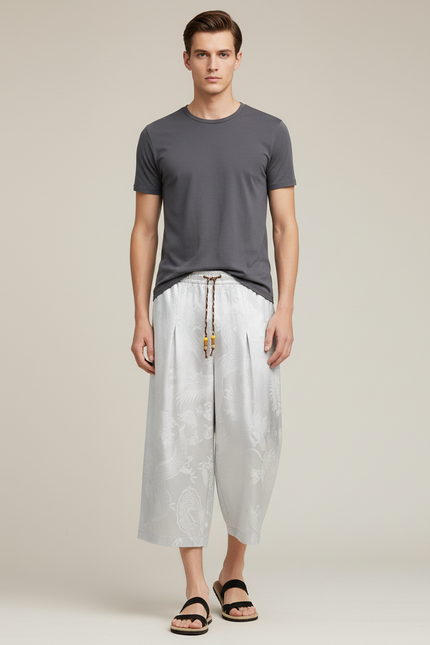 Pantalon Blanc Fluide Plissé Imprimé Dragon Homme Décontracté - Gris Satin