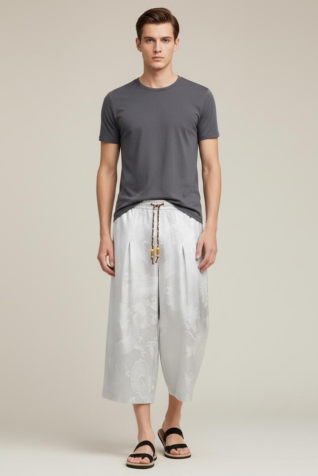 Pantalon Blanc Fluide Plissé Imprimé Dragon Homme Décontracté - Gris Satin