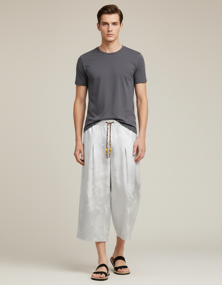 Pantalon Blanc Fluide Plissé Imprimé Dragon Homme Décontracté - Gris Satin