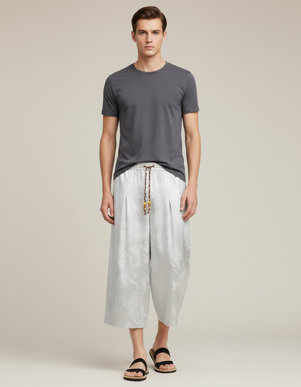 Pantalon Blanc Fluide Plissé Imprimé Dragon Homme Décontracté - Gris Satin