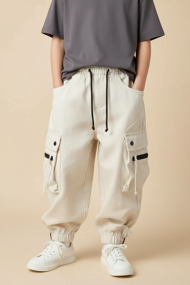 Pantalon Blanc Cargo Ample Décontracté Garçon - Beige Molleton