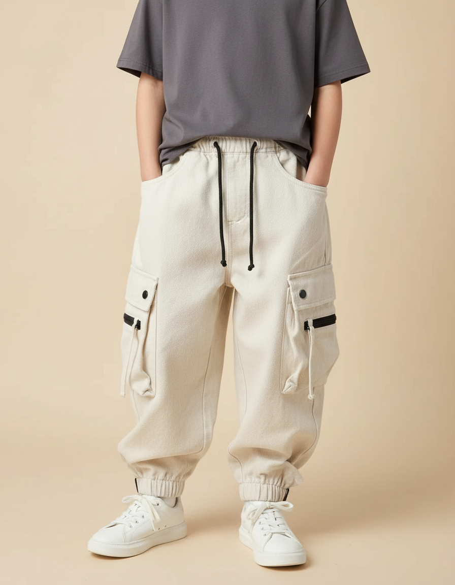 Pantalon Blanc Cargo Ample Décontracté Garçon - Beige Molleton