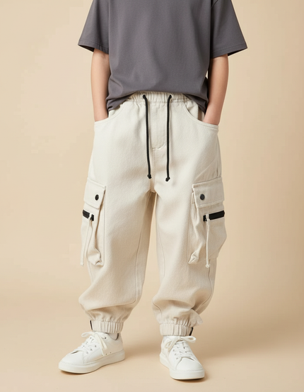 Pantalon Blanc Cargo Ample Décontracté Garçon - Beige Molleton