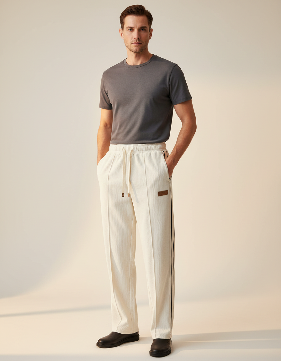 Pantalon Blanc Côtelé Droit Décontracté Homme - Cordé