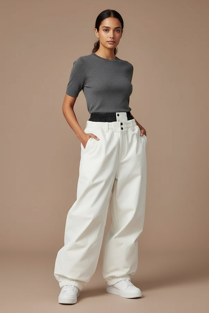 Pantalon Blanc Ample Imperméable Ceinture Noir Sport - Polyester