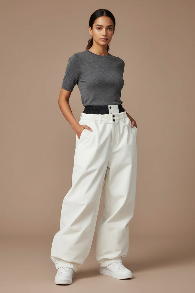Pantalon Blanc Ample Imperméable Ceinture Noir Sport - Polyester
