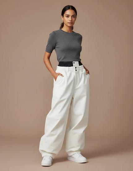 Pantalon Blanc Ample Imperméable Ceinture Noir Sport - Polyester
