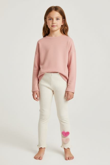 Pantalon Blanc Côtelé Cœurs Fille Confortable - Maille