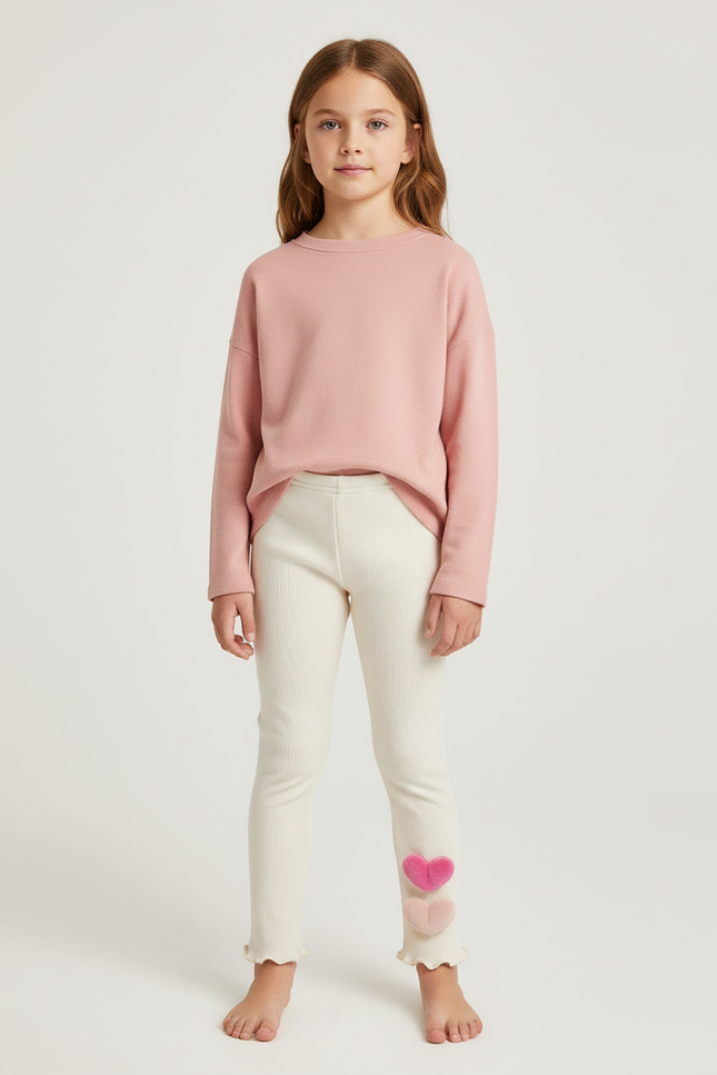 Pantalon Blanc Côtelé Cœurs Fille Confortable - Maille