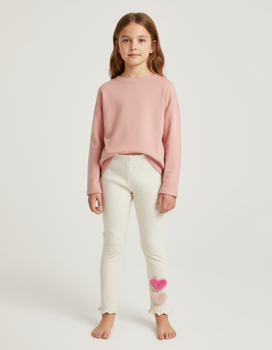 Pantalon Blanc Côtelé Cœurs Fille Confortable - Maille