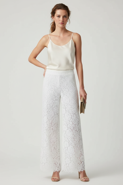 Pantalon Blanc Dentelle Ample Taille Haute Élégant Fluide - Coton