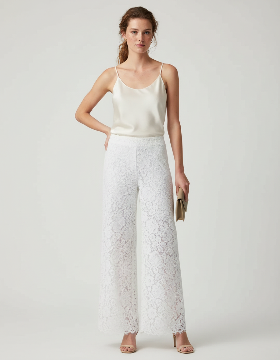 Pantalon Blanc Dentelle Ample Taille Haute Élégant Fluide - Coton
