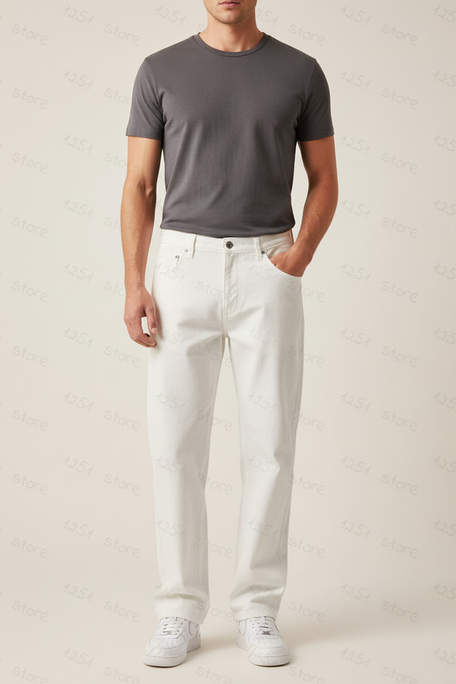Pantalon Blanc Denim Droit Décontracté Homme Ample - Jean