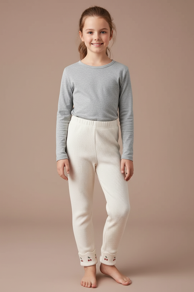 Pantalon Blanc Côtelé Brodé Cerises Enfant Confortable - Beige Maille