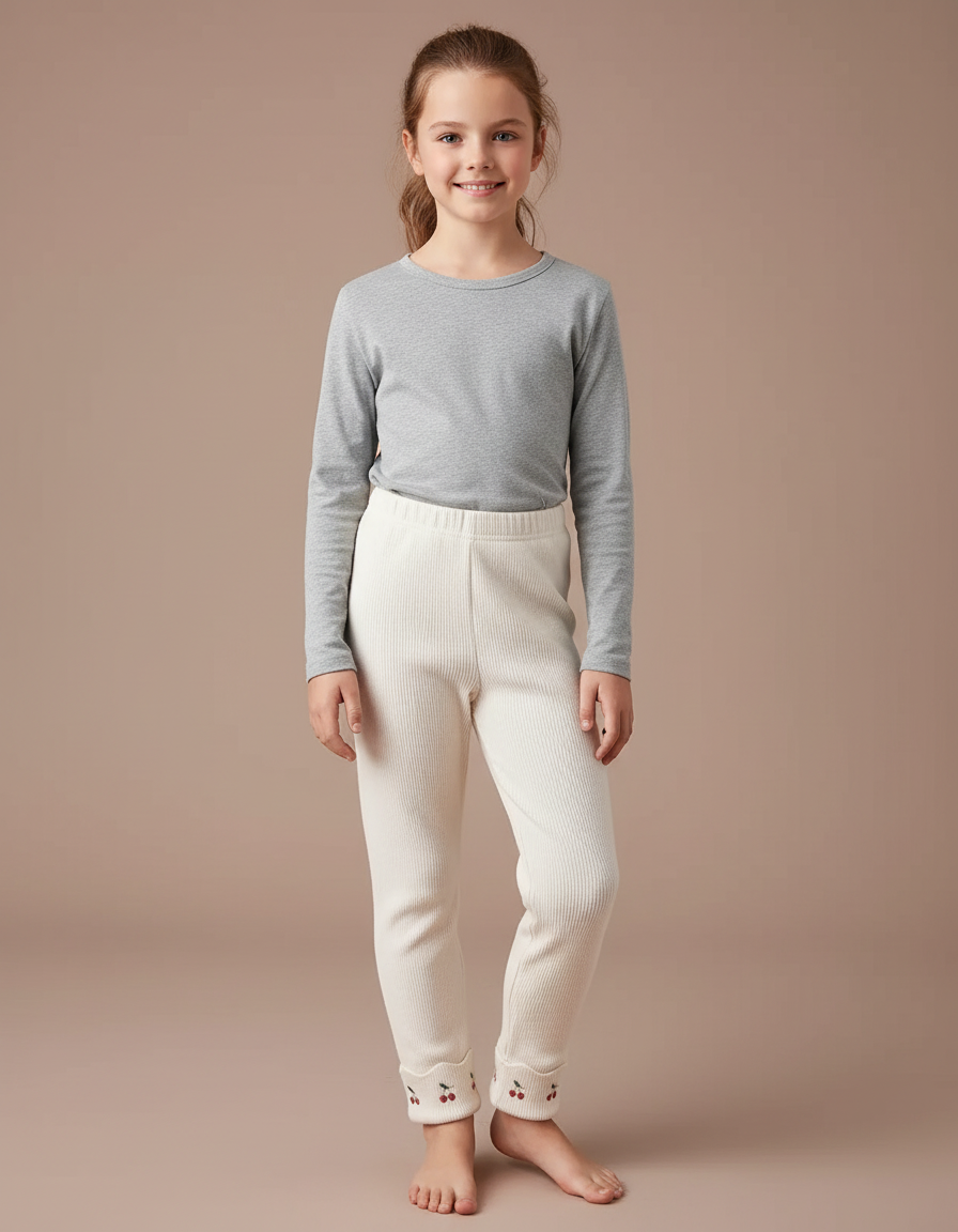Pantalon Blanc Côtelé Brodé Cerises Enfant Confortable - Beige Maille