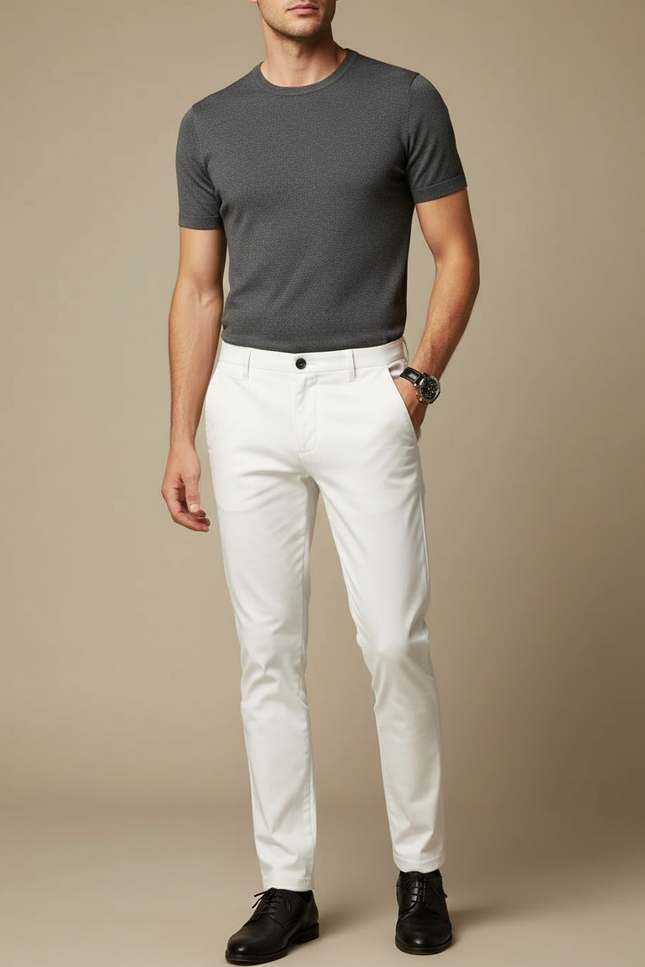Pantalon Blanc Slim Fit Homme Décontracté Stretch - Coton