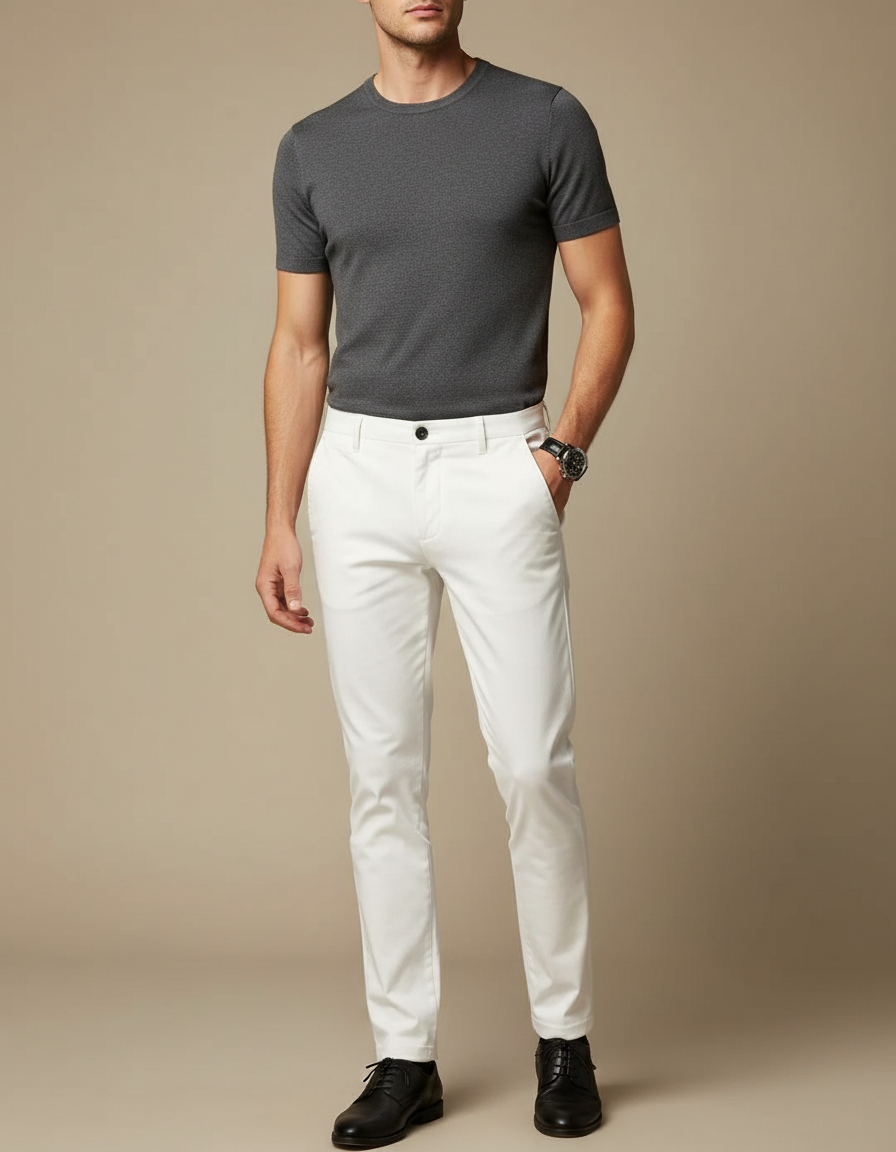 Pantalon Blanc Slim Fit Homme Décontracté Stretch - Coton