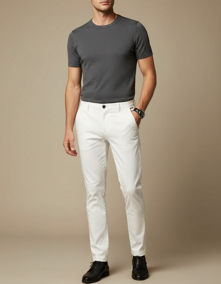 Pantalon Blanc Slim Fit Homme Décontracté Stretch - Coton