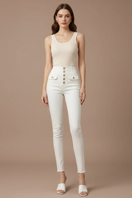 Pantalon Blanc Slim Taille Haute Boutons Dorés Élégant - Jean