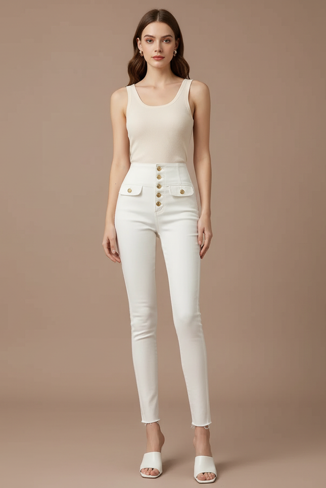 Pantalon Blanc Slim Taille Haute Boutons Dorés Élégant - Jean