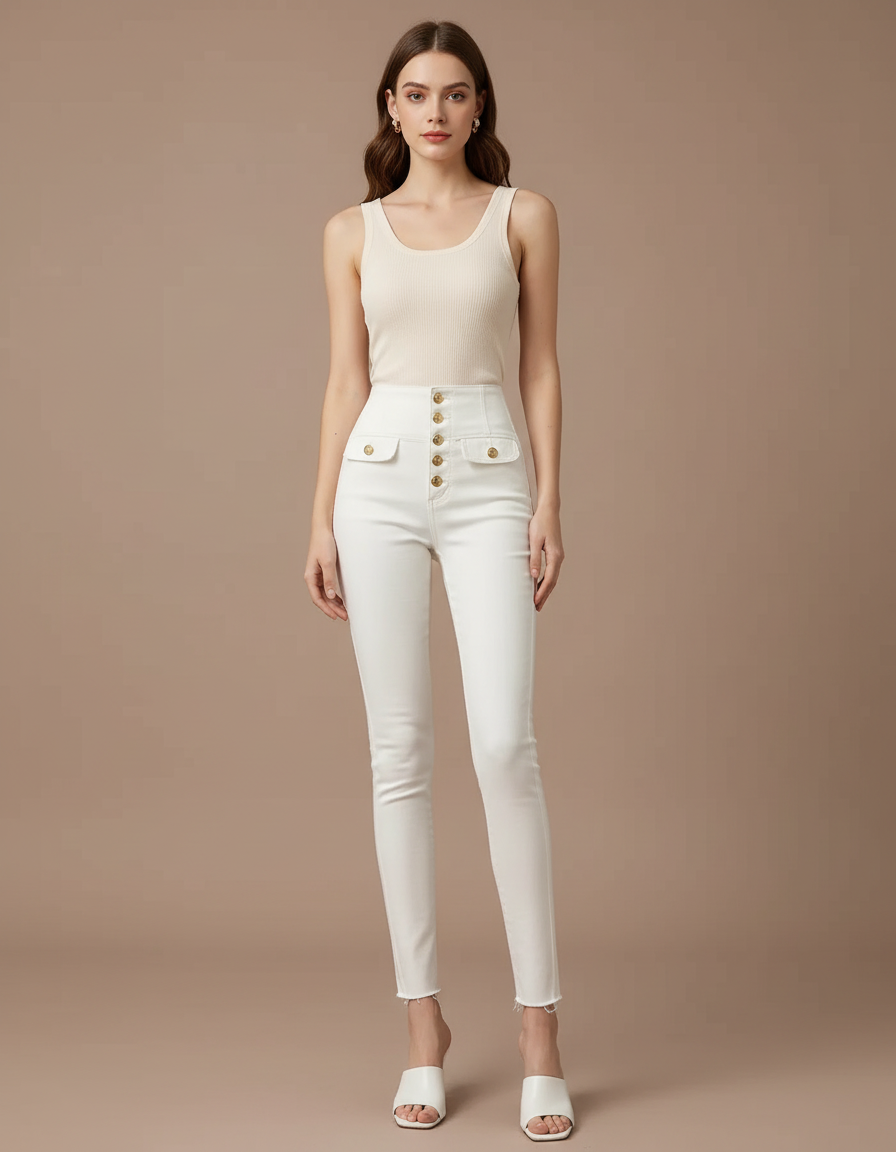 Pantalon Blanc Slim Taille Haute Boutons Dorés Élégant - Jean