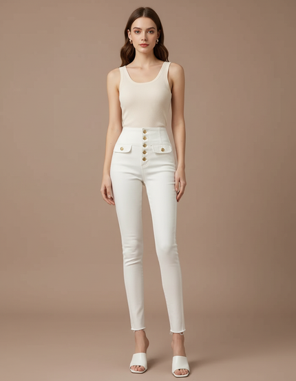 Pantalon Blanc Slim Taille Haute Boutons Dorés Élégant - Jean