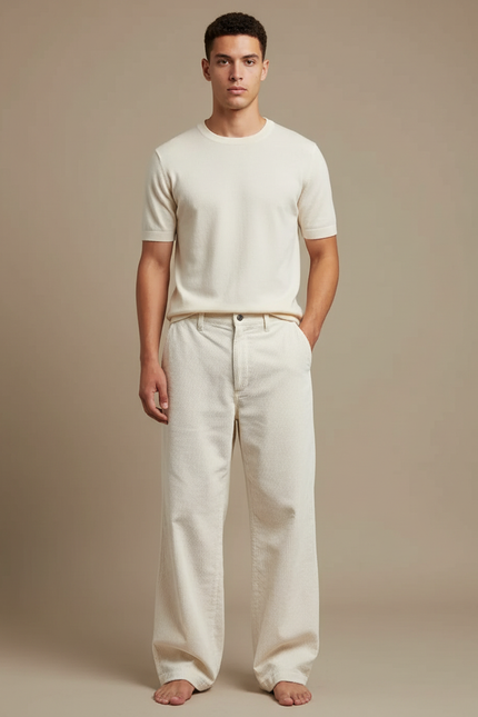 Pantalon Blanc Côtelé Ample Décontracté Homme Moderne - Beige Cordé
