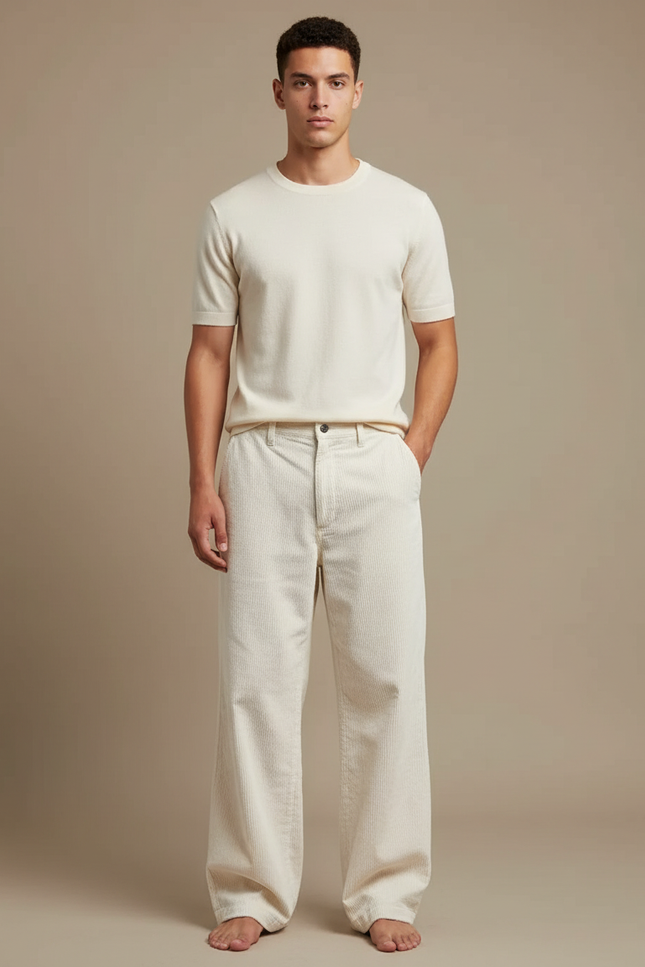 Pantalon Blanc Côtelé Ample Décontracté Homme Moderne - Beige Cordé