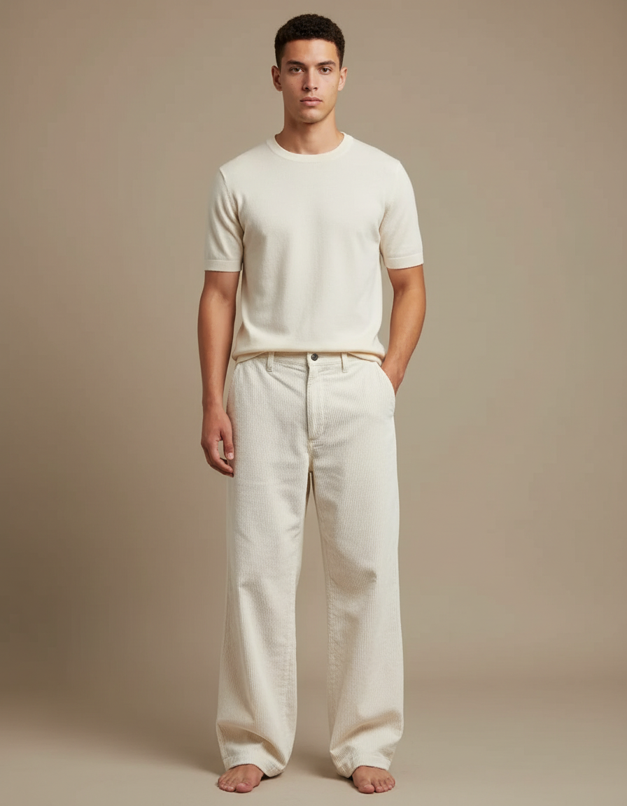 Pantalon Blanc Côtelé Ample Décontracté Homme Moderne - Beige Cordé