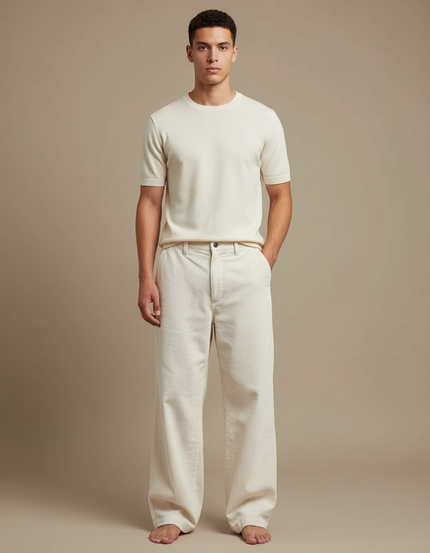 Pantalon Blanc Côtelé Ample Décontracté Homme Moderne - Beige Cordé