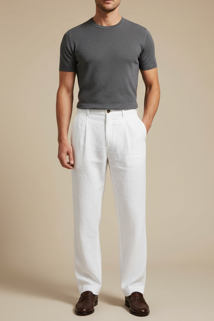 Pantalon Blanc Lin Plissé Droit Homme Décontracté