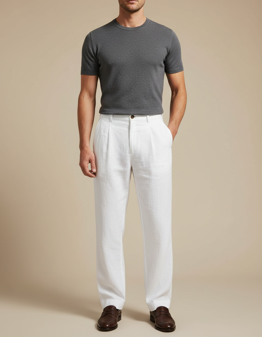 Pantalon Blanc Lin Plissé Droit Homme Décontracté