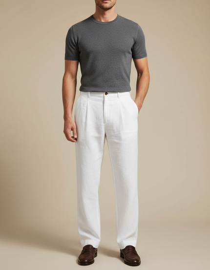 Pantalon Blanc Lin Plissé Droit Homme Décontracté