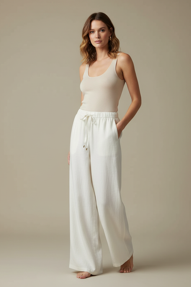Pantalon Blanc Lin Fluide Ample Décontracté Femme