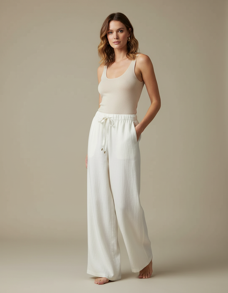 Pantalon Blanc Lin Fluide Ample Décontracté Femme