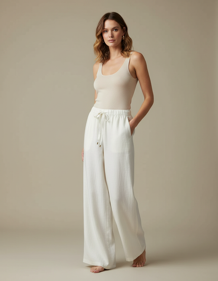 Pantalon Blanc Lin Fluide Ample Décontracté Femme