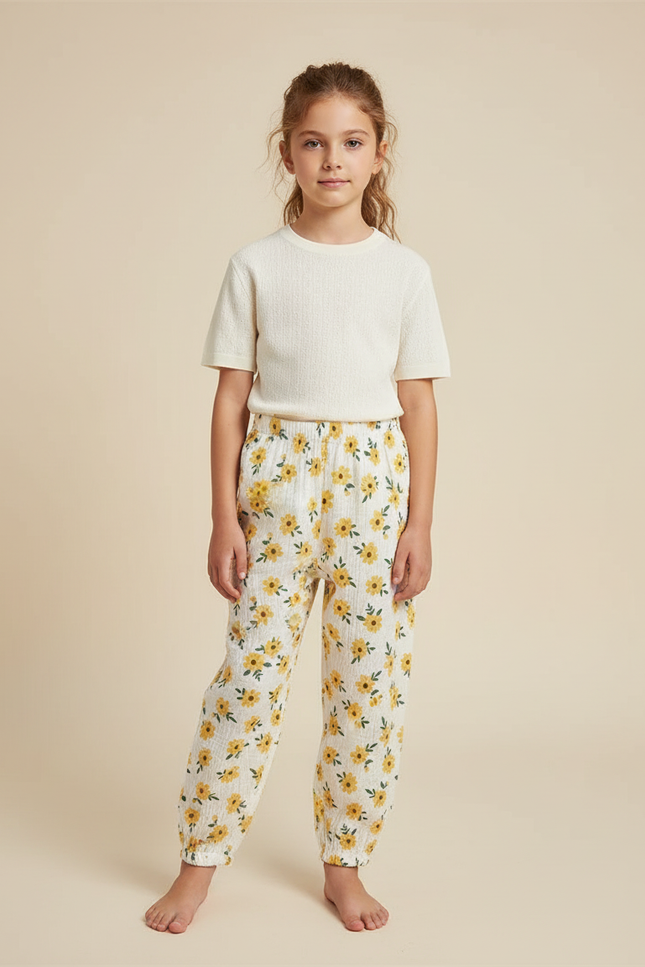 Pantalon Blanc Mousseline Motif Floral Enfant Ample - Imprimé Coton