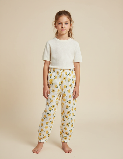 Pantalon Blanc Mousseline Motif Floral Enfant Ample - Imprimé Coton