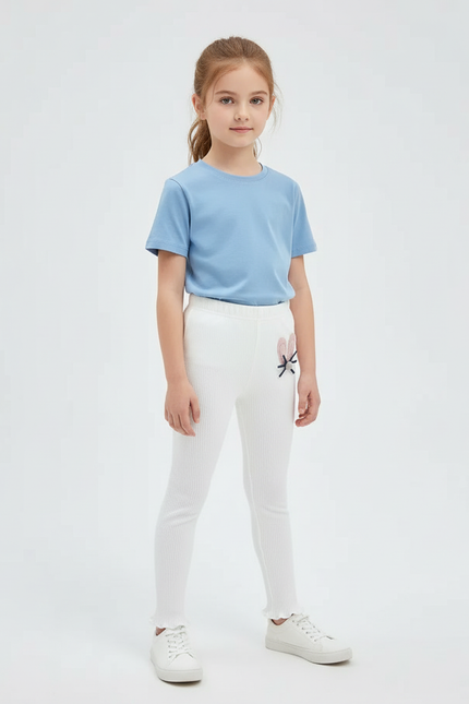 Pantalon Blanc Côtelé Brodé Confortable Enfant Fille - Maille