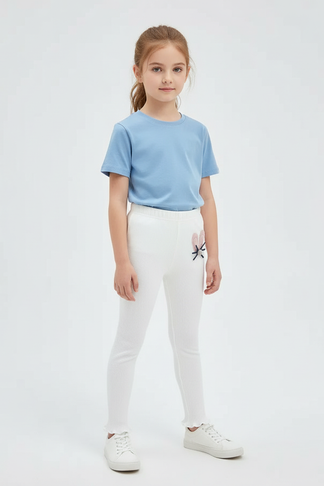 Pantalon Blanc Côtelé Brodé Confortable Enfant Fille - Maille