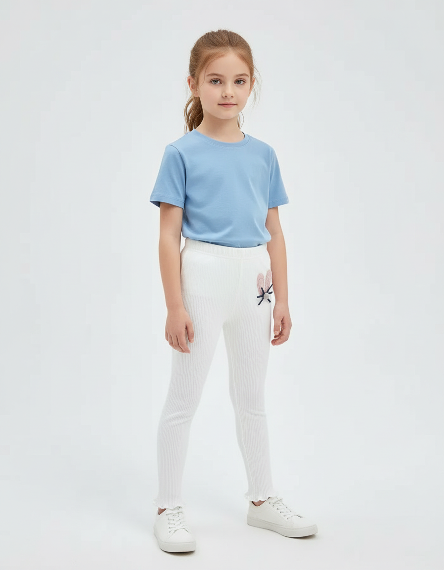 Pantalon Blanc Côtelé Brodé Confortable Enfant Fille - Maille