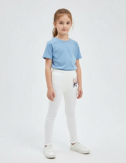 Pantalon Blanc Côtelé Brodé Confortable Enfant Fille - Maille