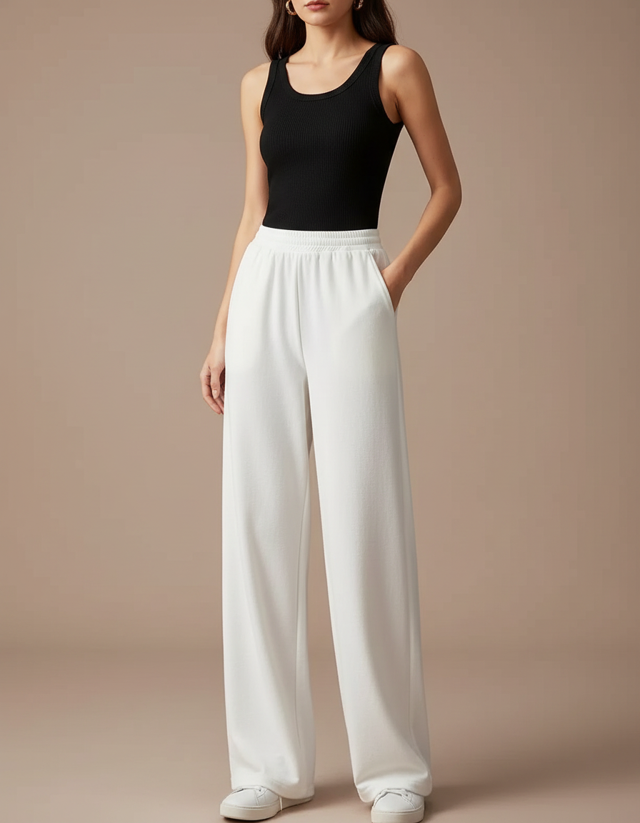 Pantalon Blanc Ample Droit Décontracté Femme - Molleton