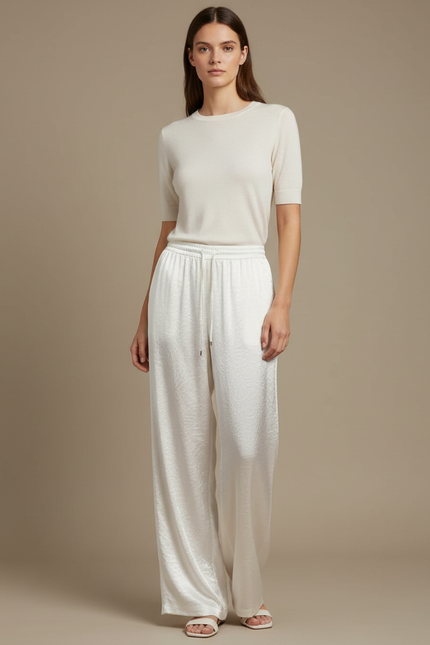 Pantalon Blanc Satiné Jacquard Fluide Ample Femme
