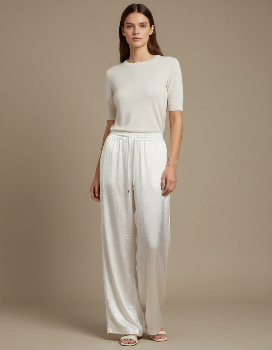 Pantalon Blanc Satiné Jacquard Fluide Ample Femme